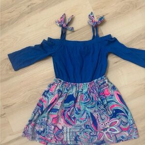 Lilly Pulitzer Girls Off-Shoulder Dress Blue & Pink Print Size Small 4/5